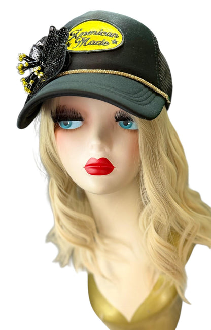 American Made Feathered Style Statement Patchwork Vintage Jeweled Trucker Hat