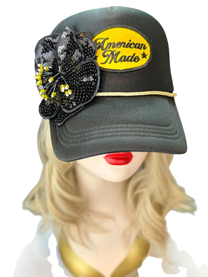 American Made Feathered Style Statement Patchwork Vintage Jeweled Trucker Hat