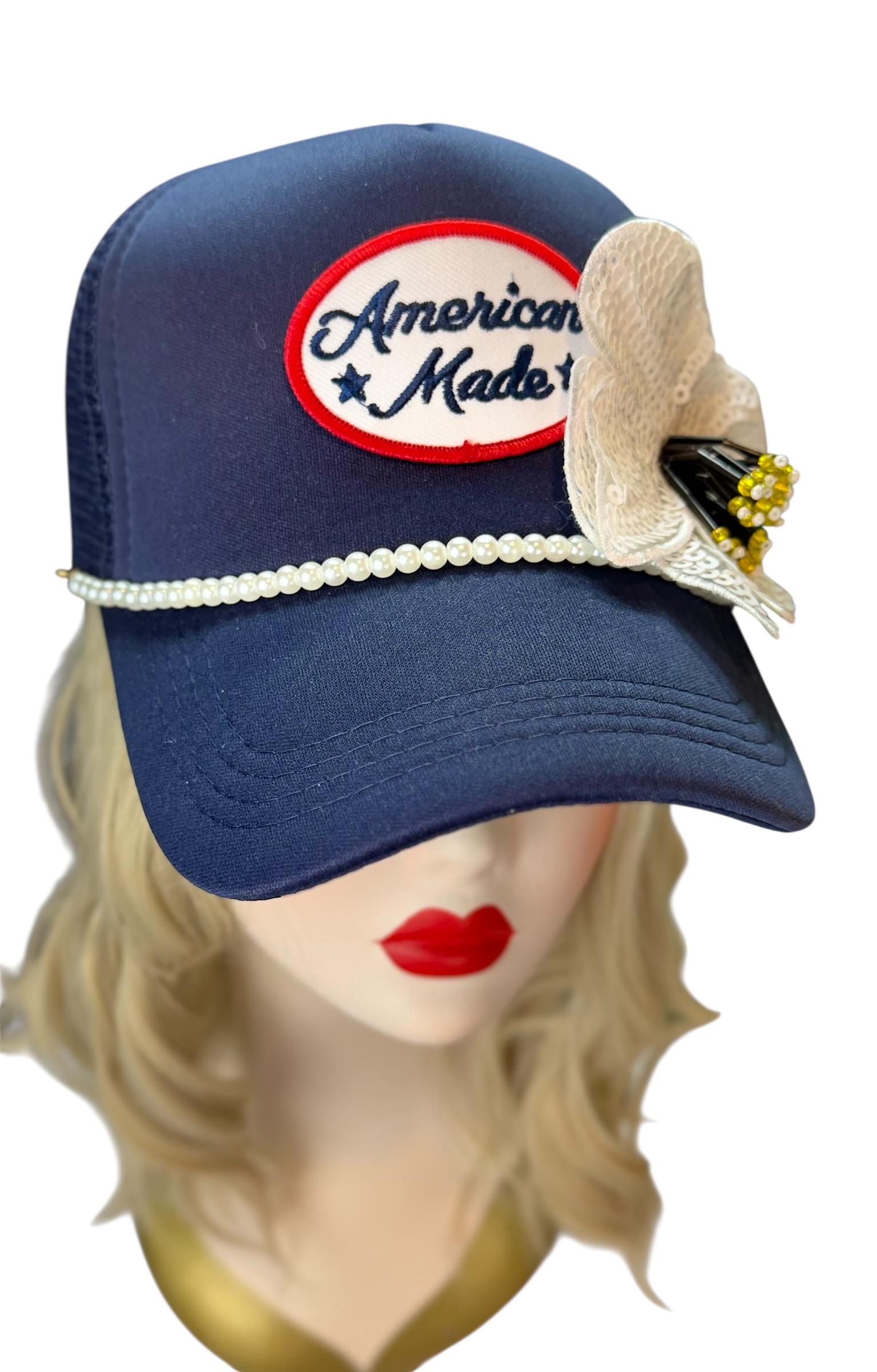 American Made Feathered Style Statement Patchwork Vintage Jeweled Trucker Hat