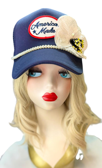 American Made Feathered Style Statement Patchwork Vintage Jeweled Trucker Hat