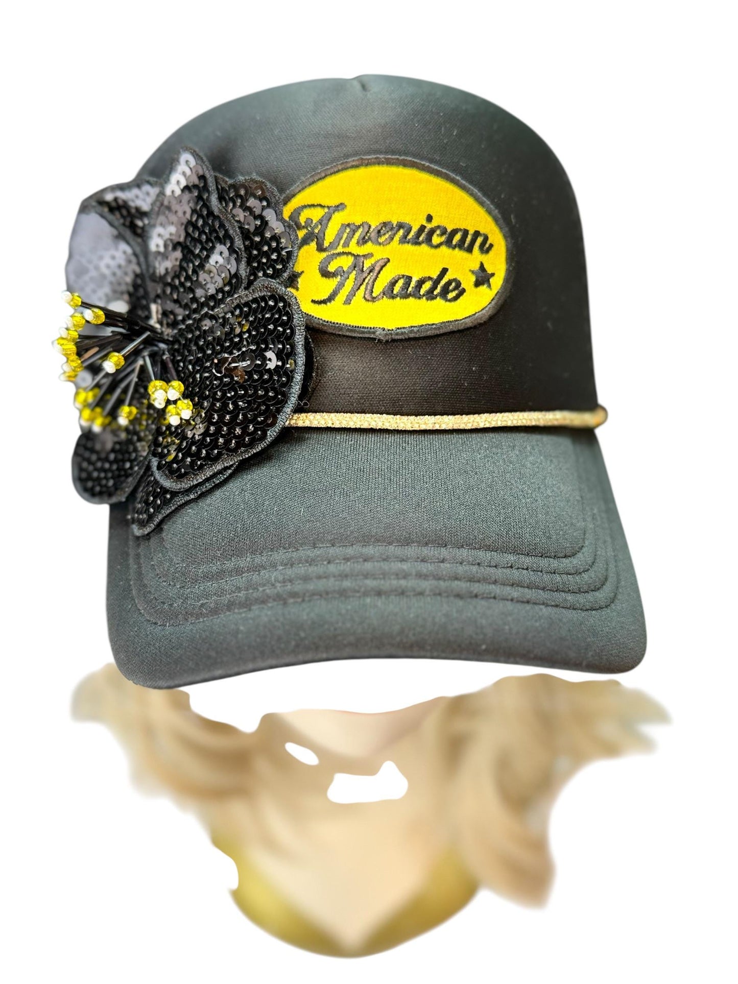 American Made Feathered Style Statement Patchwork Vintage Jeweled Trucker Hat