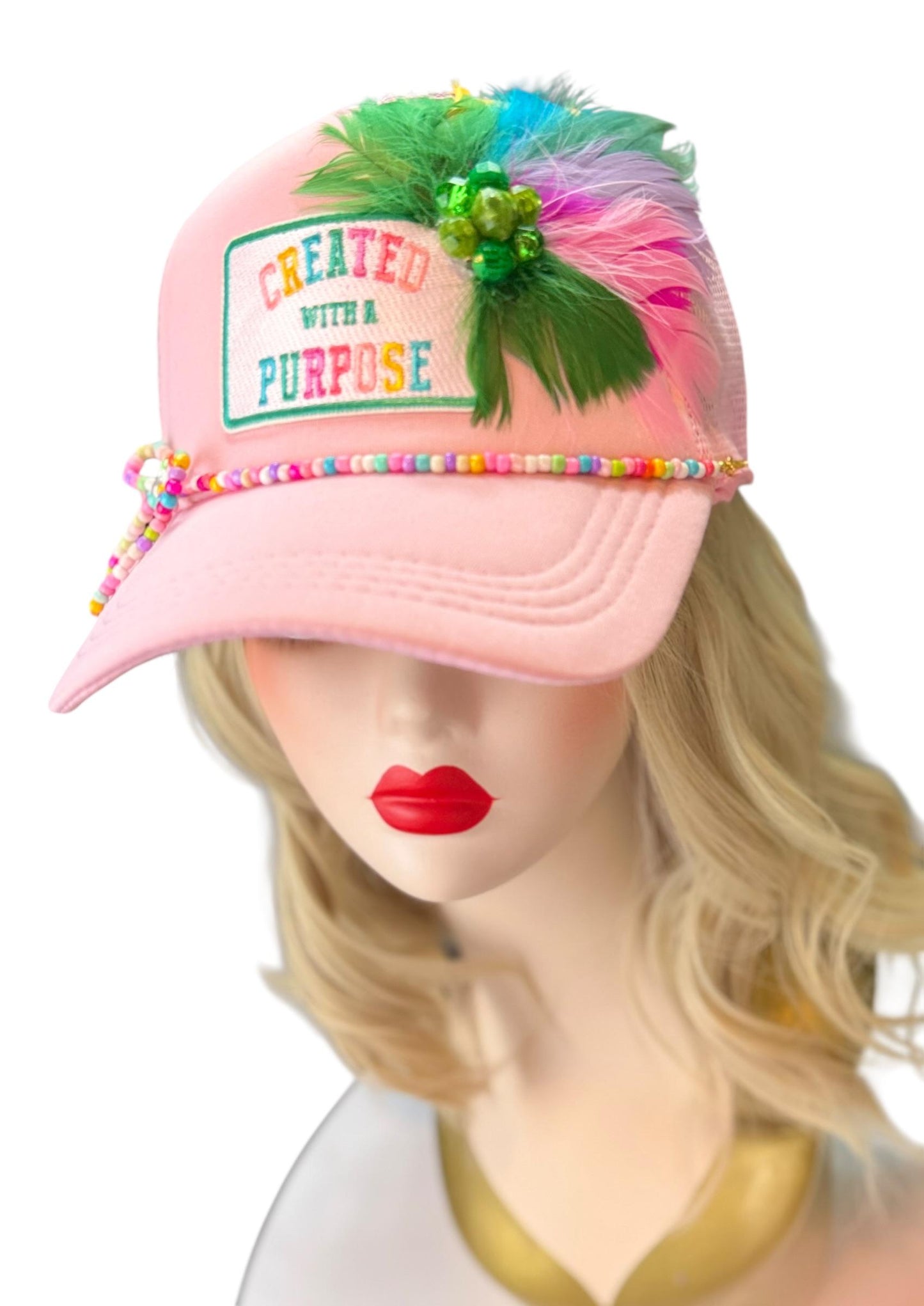 Curated With A Purpose Style Statement Patchwork Feathered & Jeweled Avant-Garde Fashionable Trucker Hat