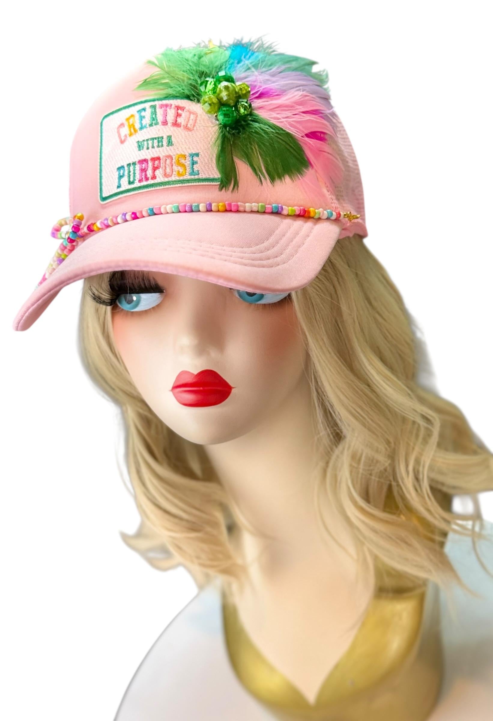 Curated With A Purpose Style Statement Patchwork Feathered & Jeweled Avant-Garde Fashionable Trucker Hat