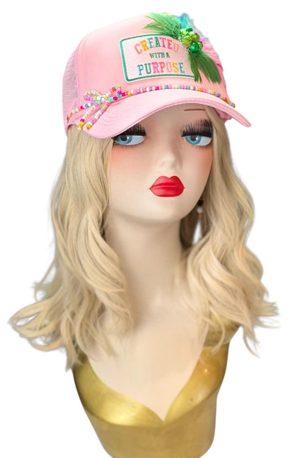 Curated With A Purpose Style Statement Patchwork Feathered & Jeweled Avant-Garde Fashionable Trucker Hat