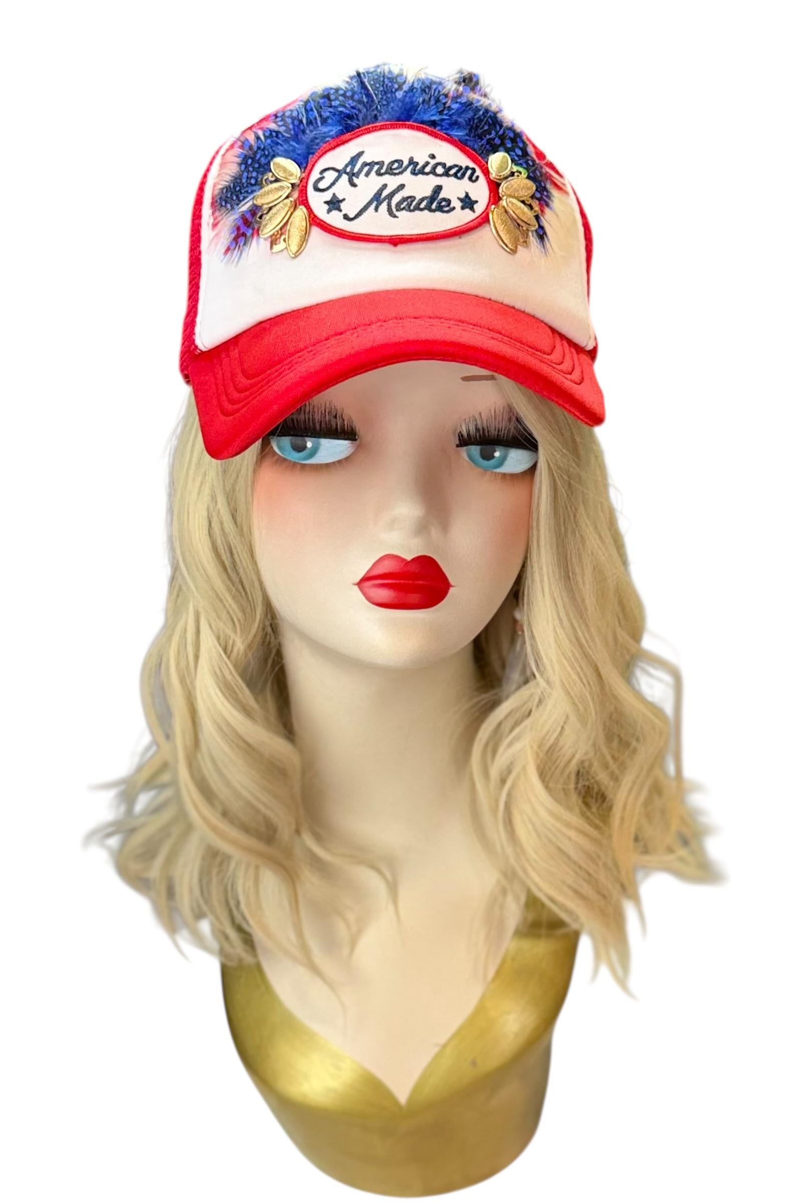 American Made Feathered Style Statement Patchwork Vintage Jeweled Trucker Hat