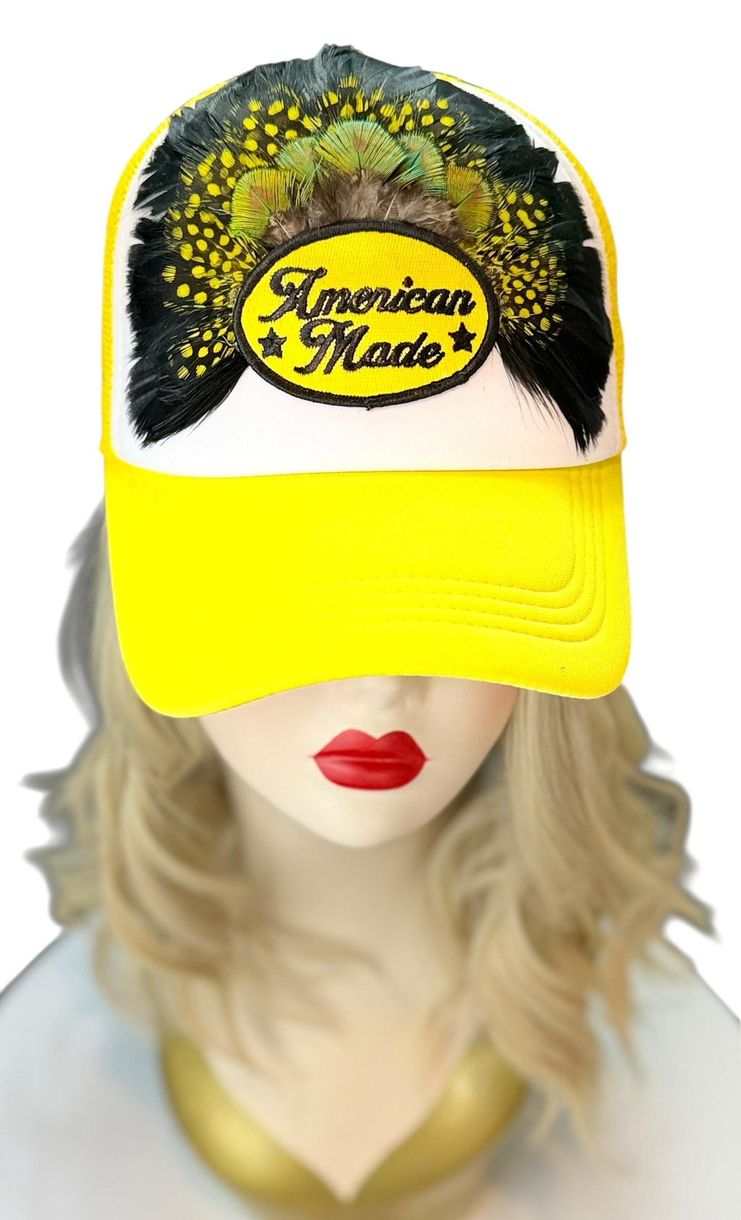 American Made Feathered Style Statement Patchwork Vintage Jeweled Trucker Hat