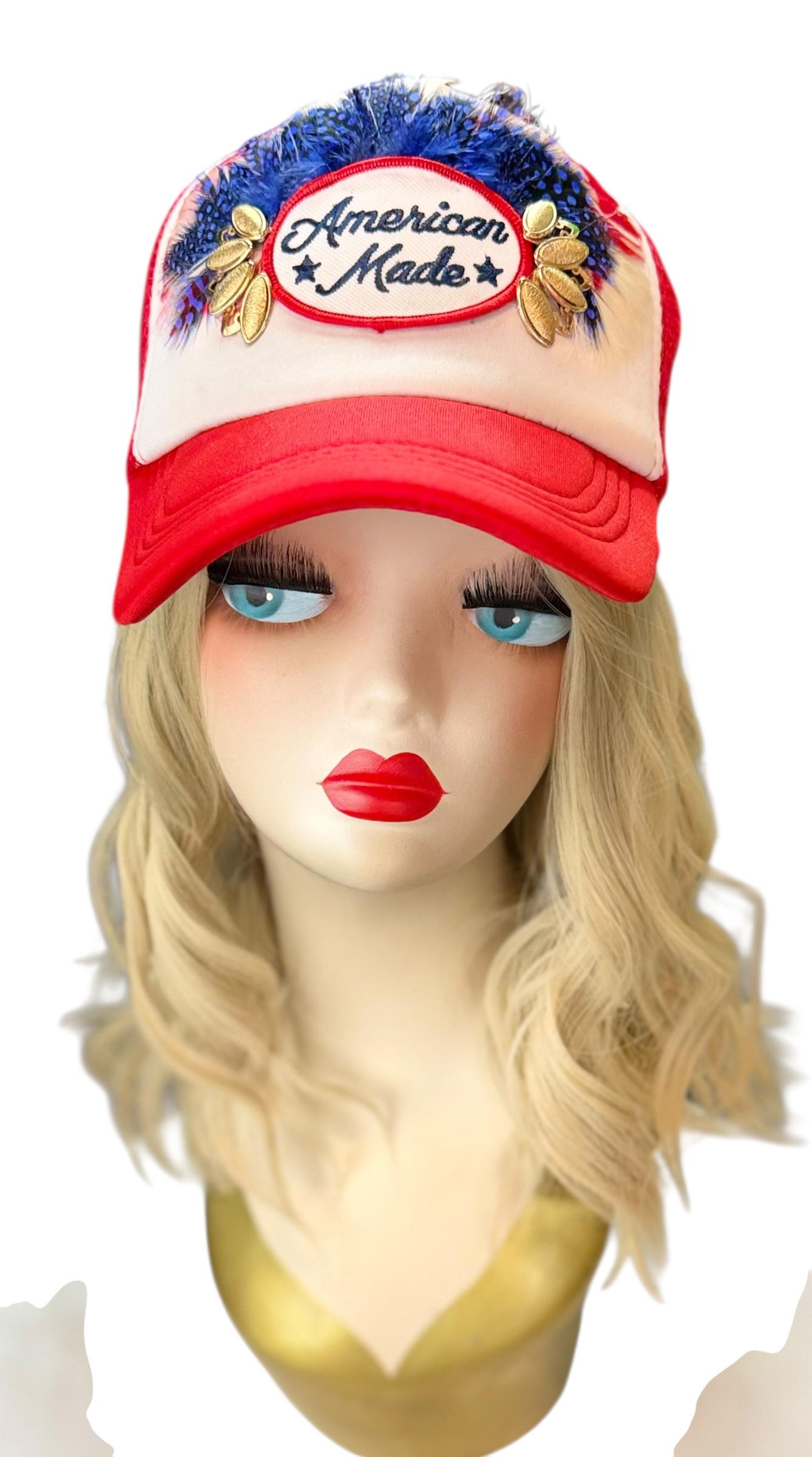 American Made Feathered Style Statement Patchwork Vintage Jeweled Trucker Hat