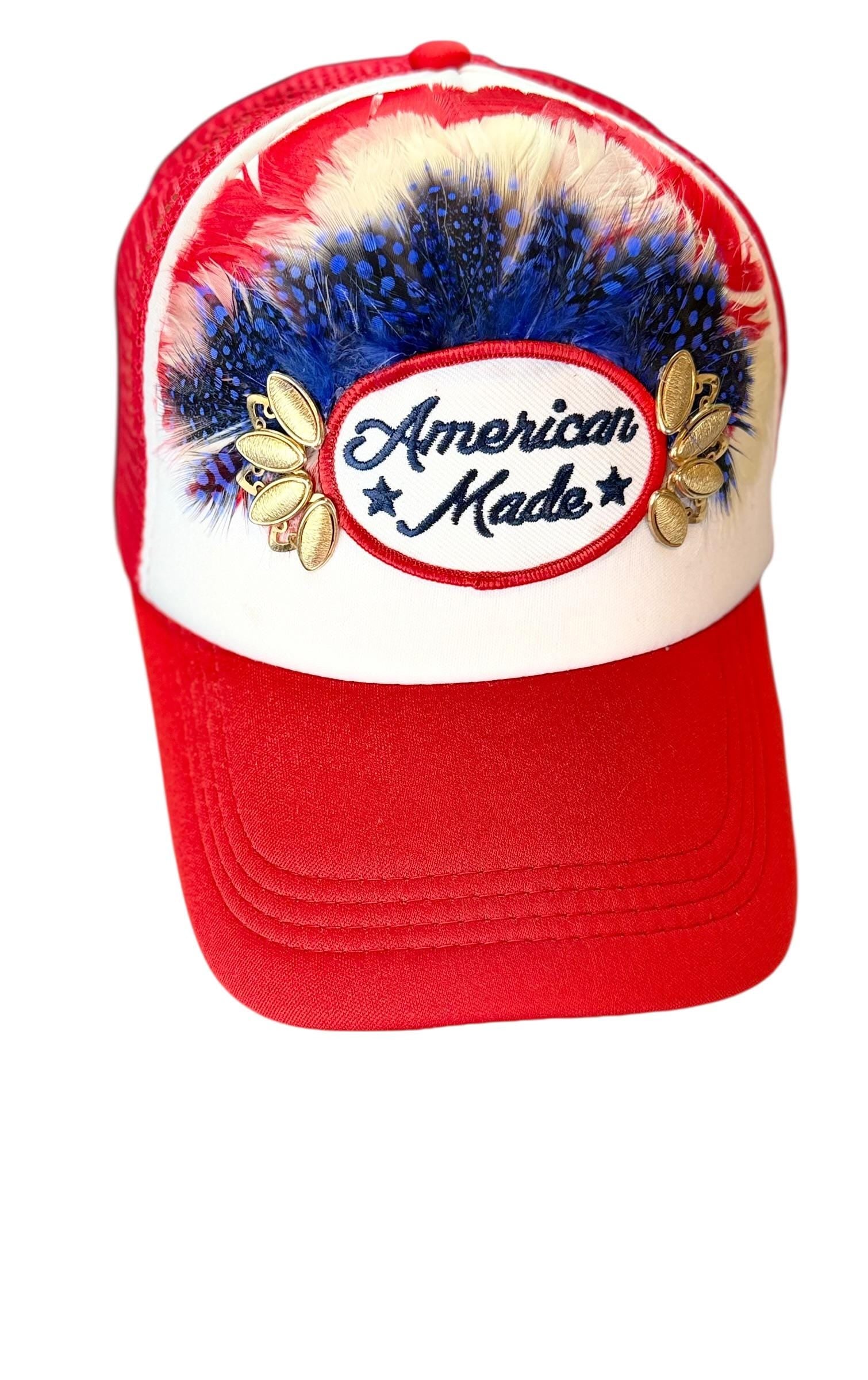 American Made Feathered Style Statement Patchwork Vintage Jeweled Trucker Hat
