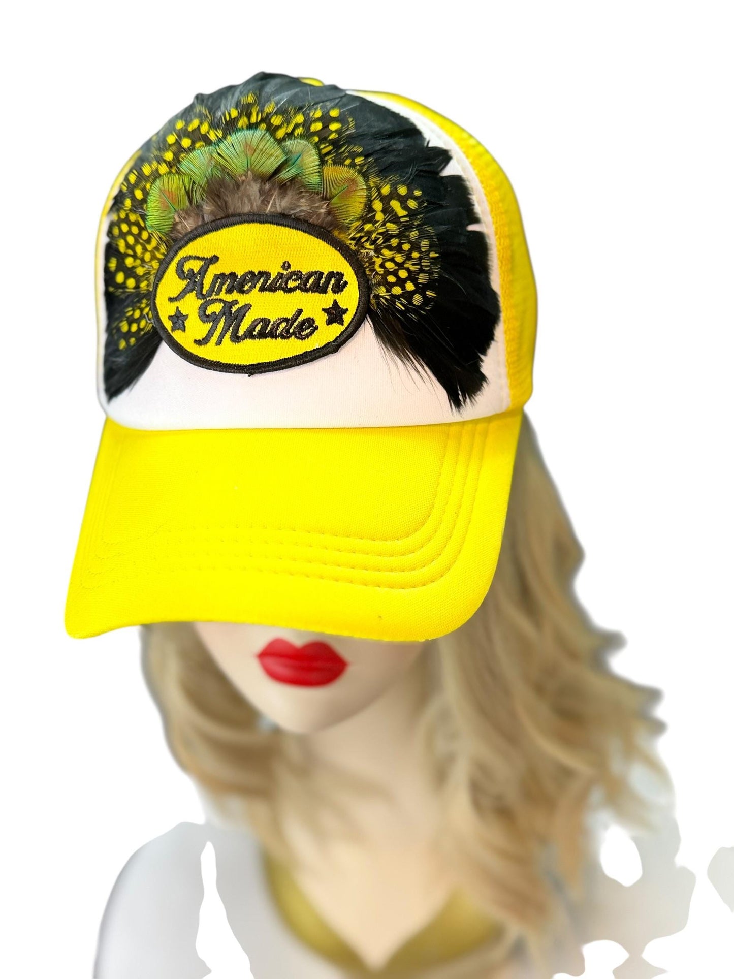American Made Feathered Style Statement Patchwork Vintage Jeweled Trucker Hat