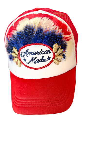 American Made Feathered Style Statement Patchwork Vintage Jeweled Trucker Hat