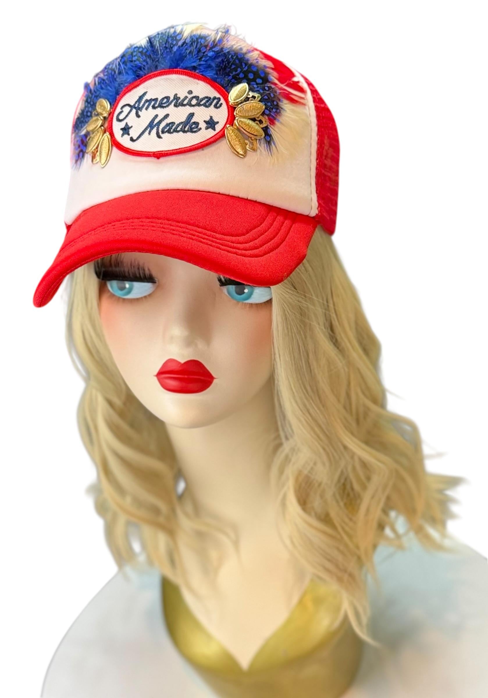 American Made Feathered Style Statement Patchwork Vintage Jeweled Trucker Hat