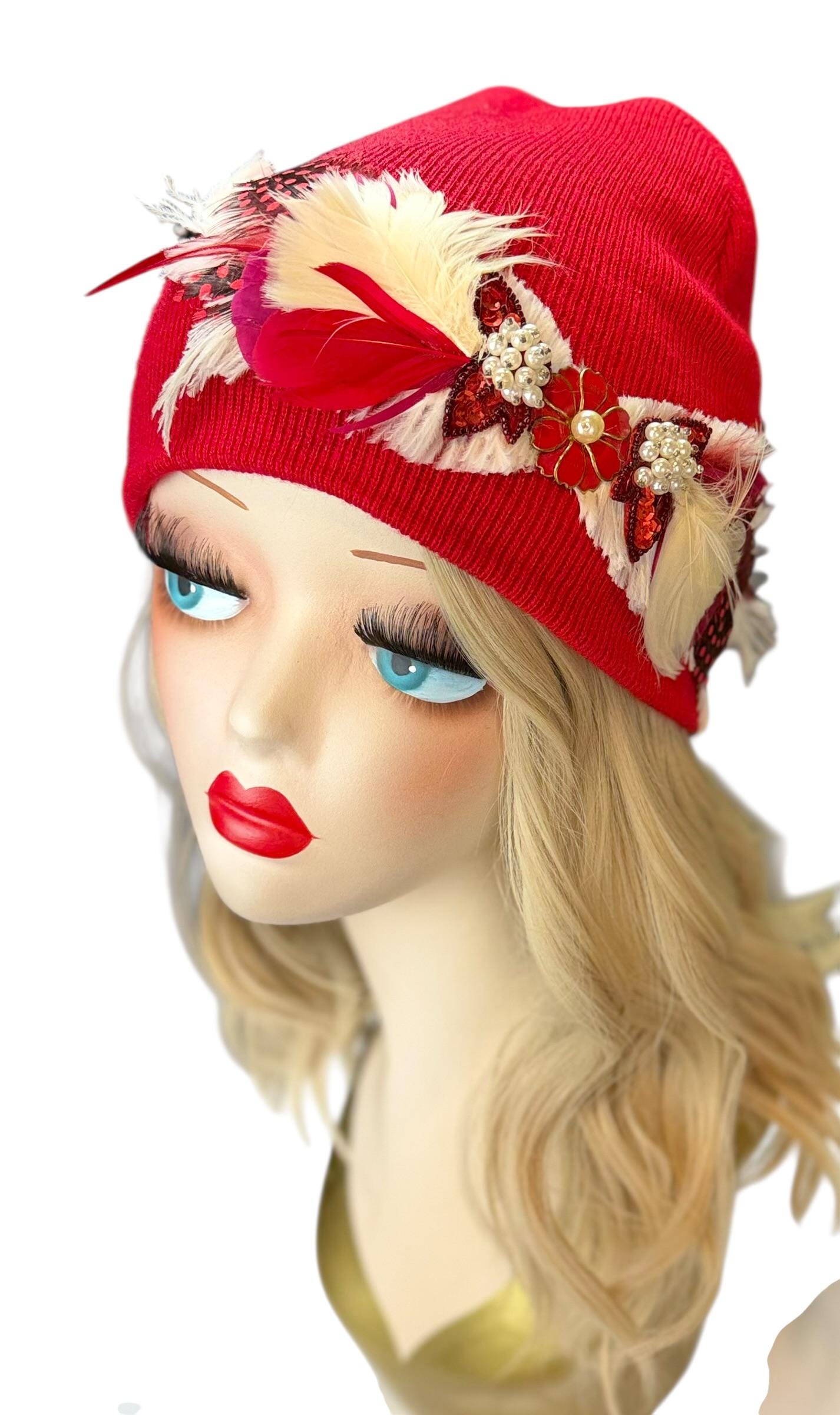 Butterfly Romance Red Unique One-Of-A-Kind Vintage Jeweled & Feathered Knitted Winter Hat