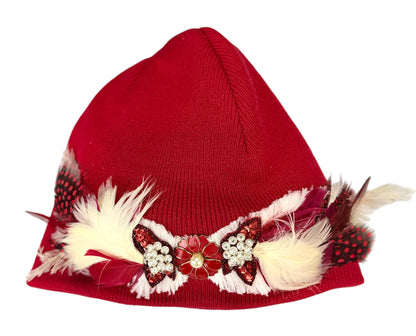Butterfly Romance Red Unique One-Of-A-Kind Vintage Jeweled & Feathered Knitted Winter Hat