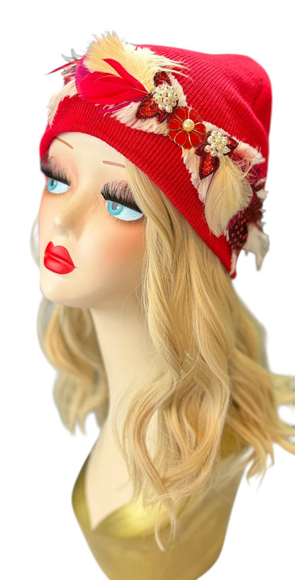 Butterfly Romance Red Unique One-Of-A-Kind Vintage Jeweled & Feathered Knitted Winter Hat