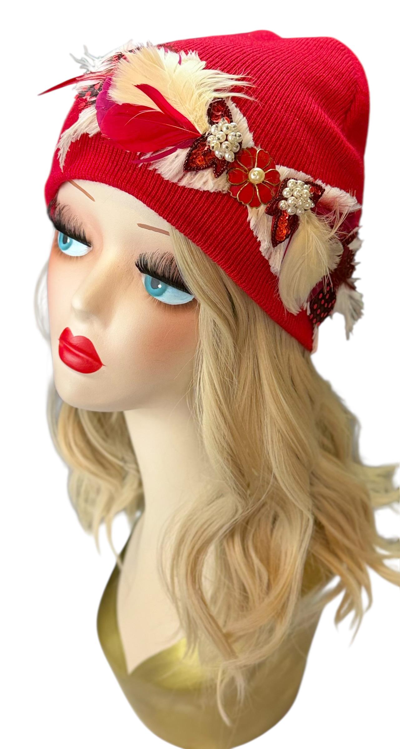 Butterfly Romance Red Unique One-Of-A-Kind Vintage Jeweled & Feathered Knitted Winter Hat