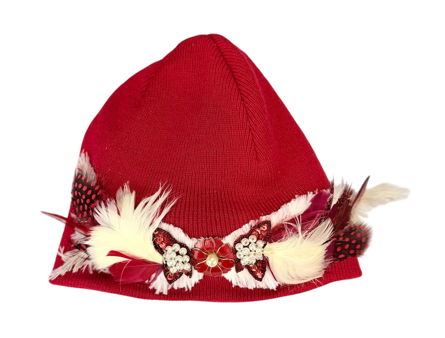 Butterfly Romance Red Unique One-Of-A-Kind Vintage Jeweled & Feathered Knitted Winter Hat