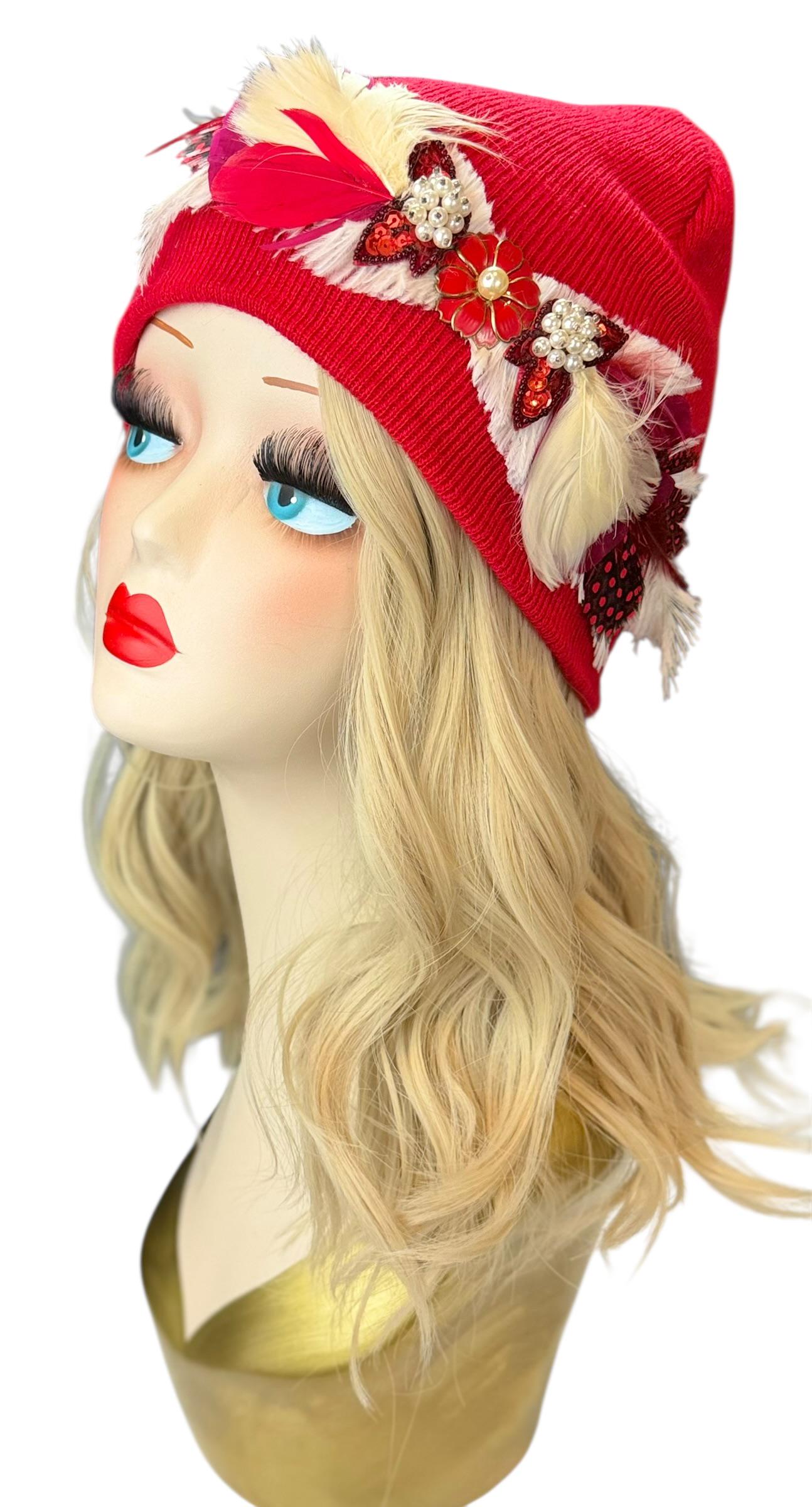 Butterfly Romance Red Unique One-Of-A-Kind Vintage Jeweled & Feathered Knitted Winter Hat