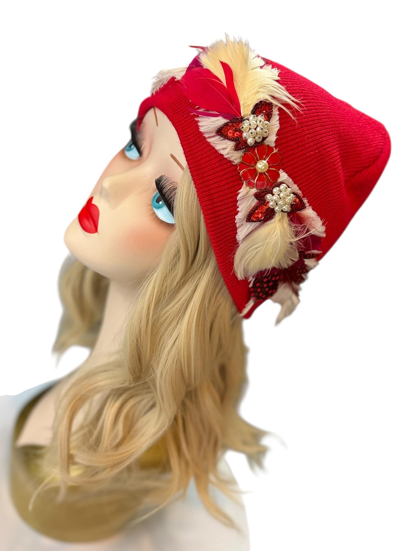 Butterfly Romance Red Unique One-Of-A-Kind Vintage Jeweled & Feathered Knitted Winter Hat