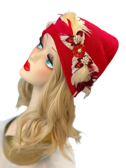 Butterfly Romance Red Unique One-Of-A-Kind Vintage Jeweled & Feathered Knitted Winter Hat