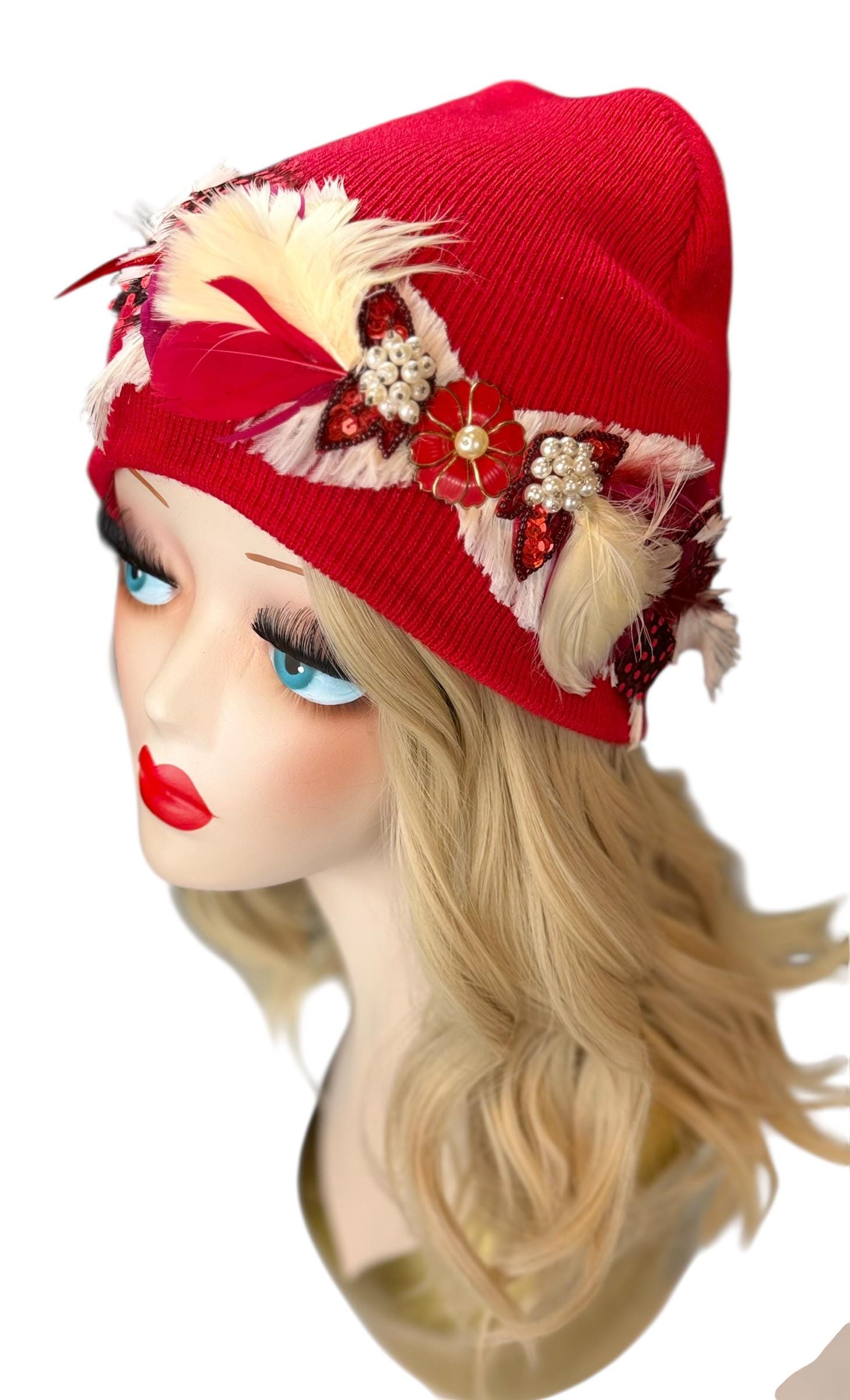Butterfly Romance Red Unique One-Of-A-Kind Vintage Jeweled & Feathered Knitted Winter Hat
