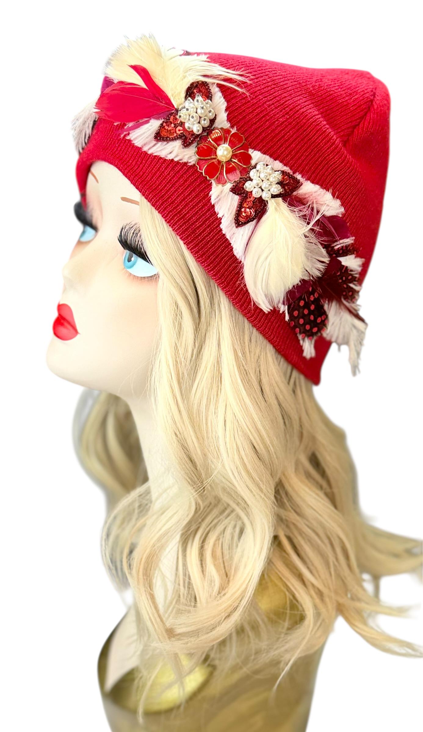 Butterfly Romance Red Unique One-Of-A-Kind Vintage Jeweled & Feathered Knitted Winter Hat