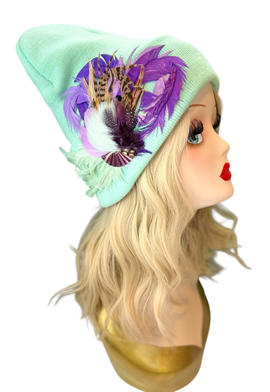 Mint and Berries Luxury Skiing Hat with Feathers & Vintage Jeweled Embellishments