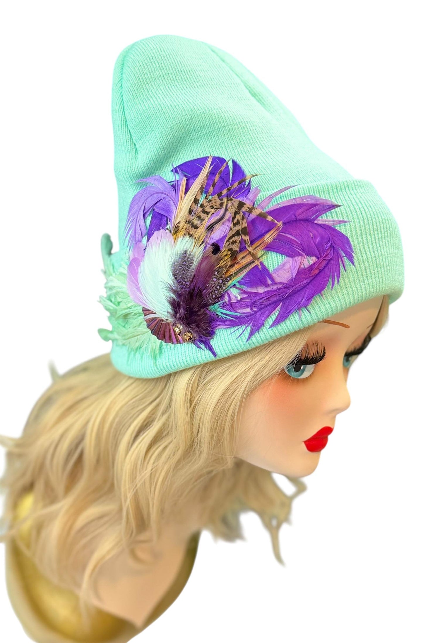 Mint and Berries Luxury Skiing Hat with Feathers & Vintage Jeweled Embellishments