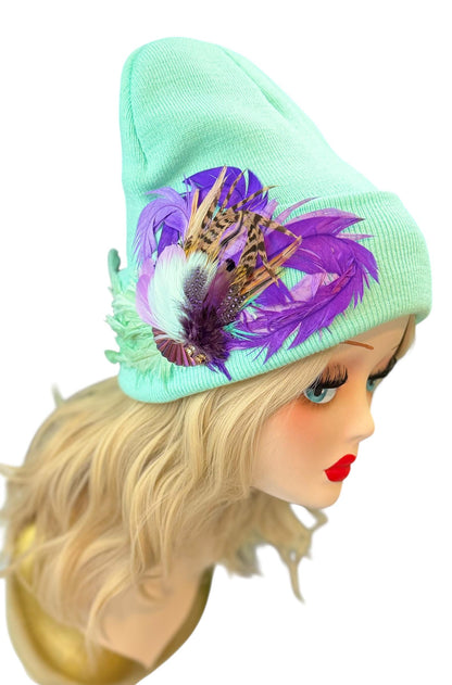 Mint and Berries Luxury Skiing Hat with Feathers & Vintage Jeweled Embellishments
