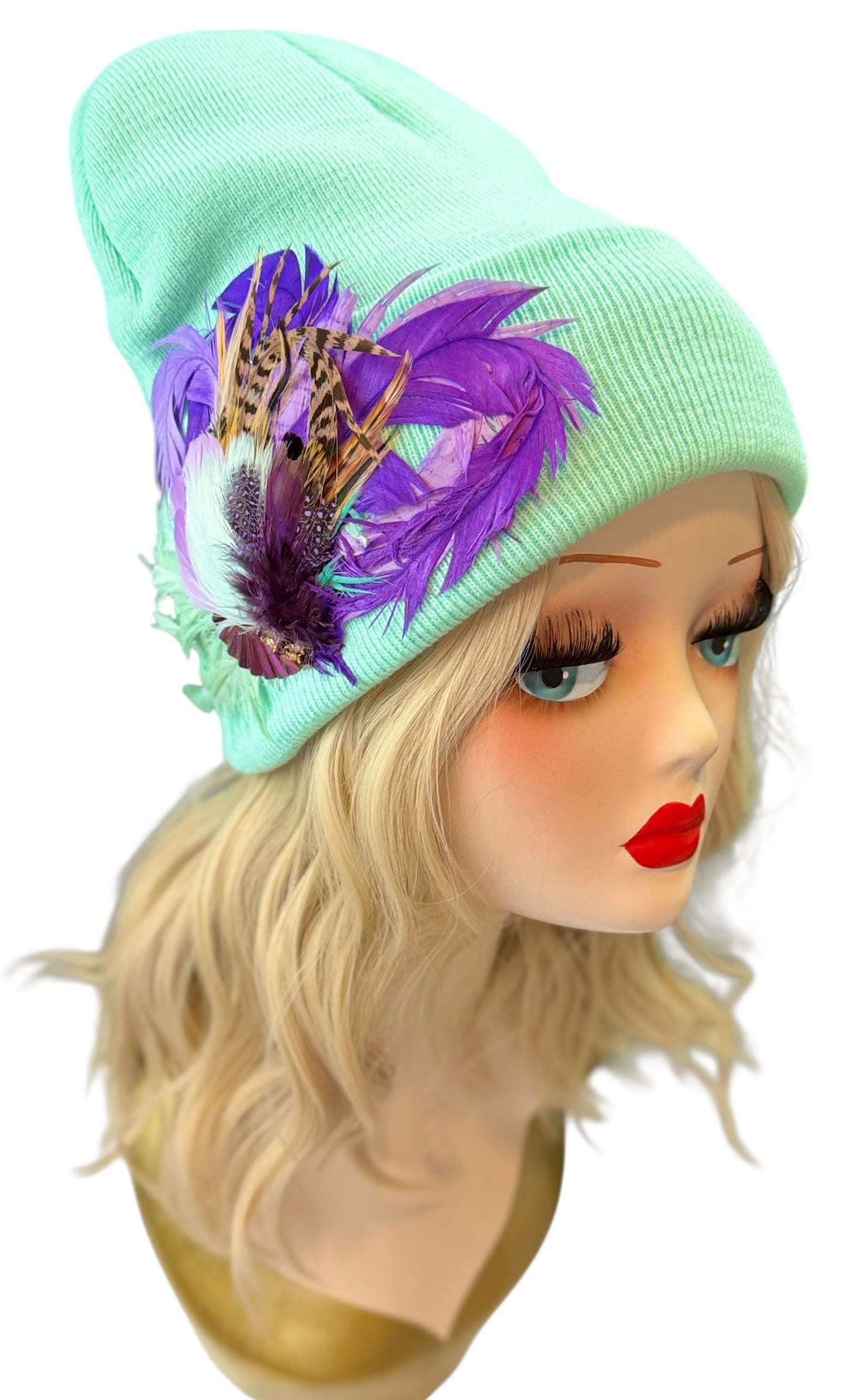 Mint and Berries Luxury Skiing Hat with Feathers & Vintage Jeweled Embellishments