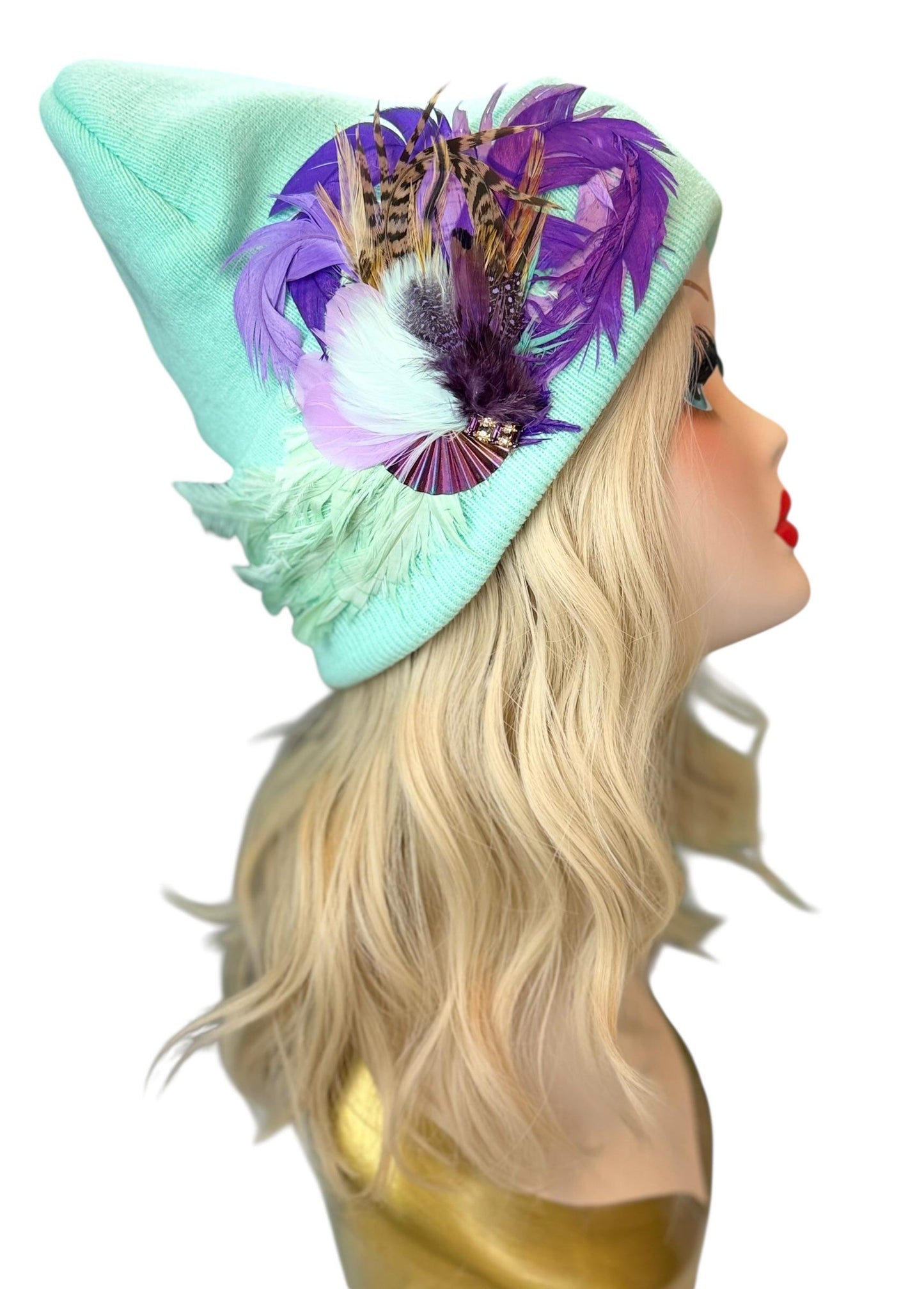 Mint and Berries Luxury Skiing Hat with Feathers & Vintage Jeweled Embellishments