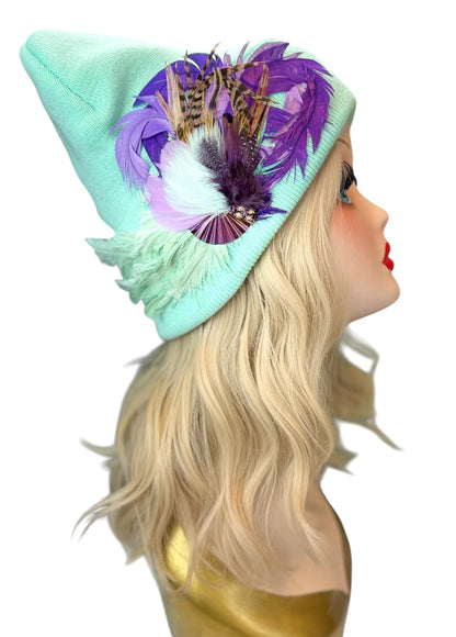 Mint and Berries Luxury Skiing Hat with Feathers & Vintage Jeweled Embellishments