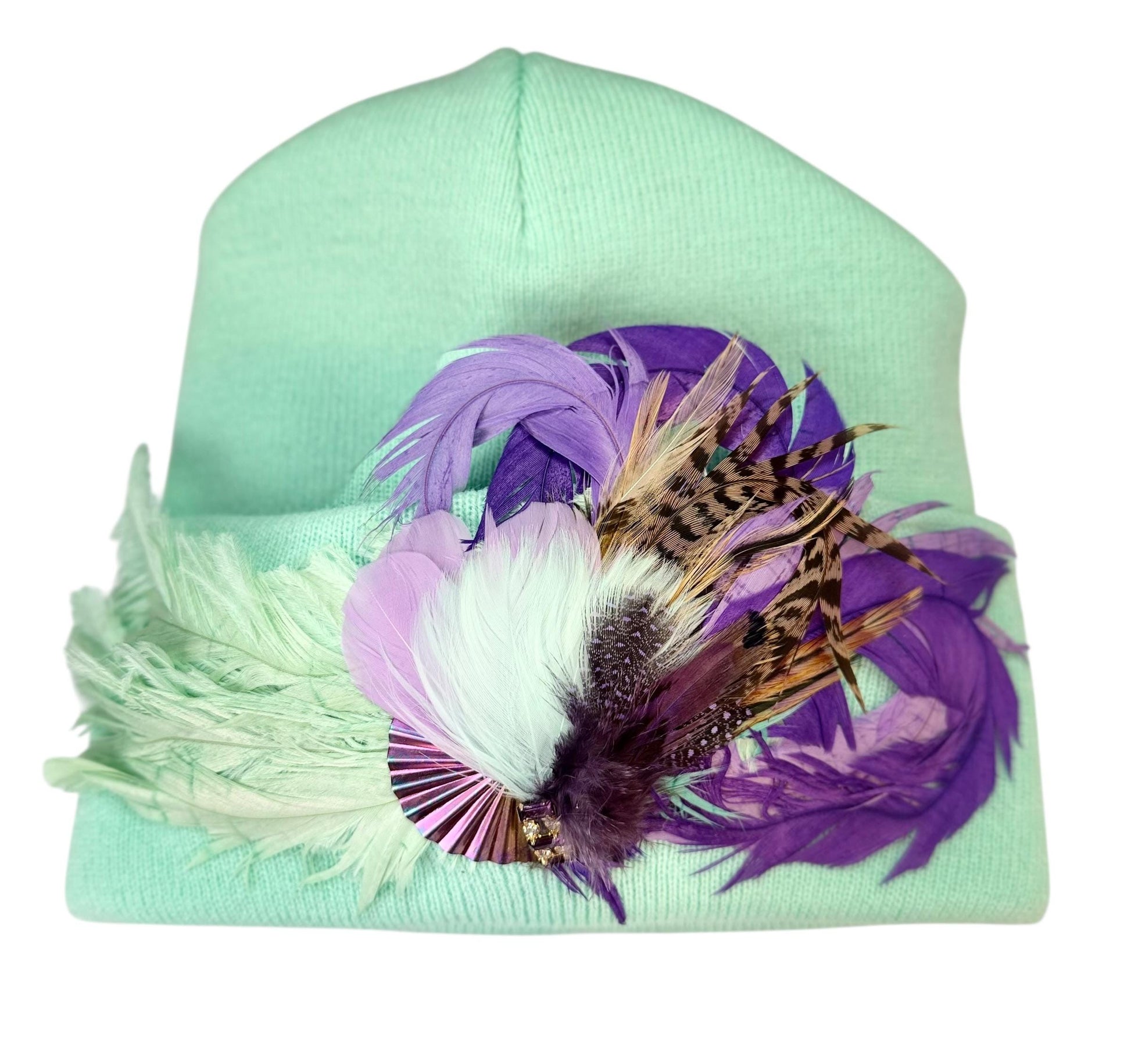 Mint and Berries Luxury Skiing Hat with Feathers & Vintage Jeweled Embellishments