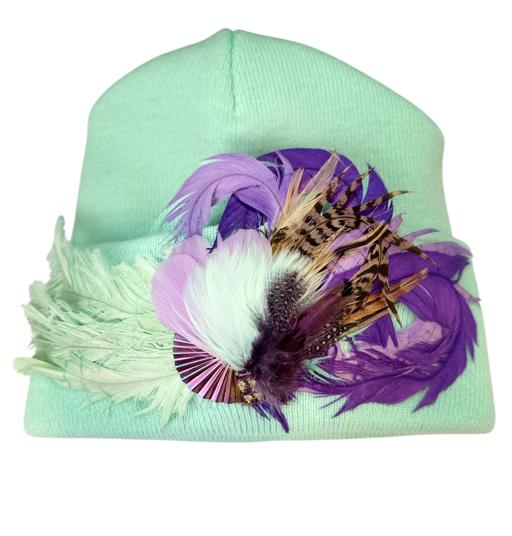 Mint and Berries Luxury Skiing Hat with Feathers & Vintage Jeweled Embellishments