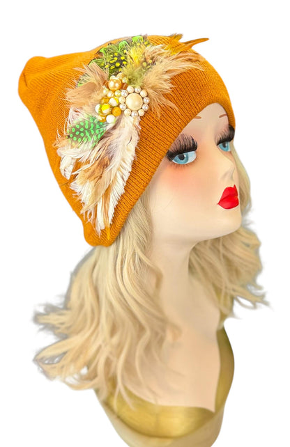 Caramel Goddess Embellished Feathered & Vintage Jeweled Knit Hat