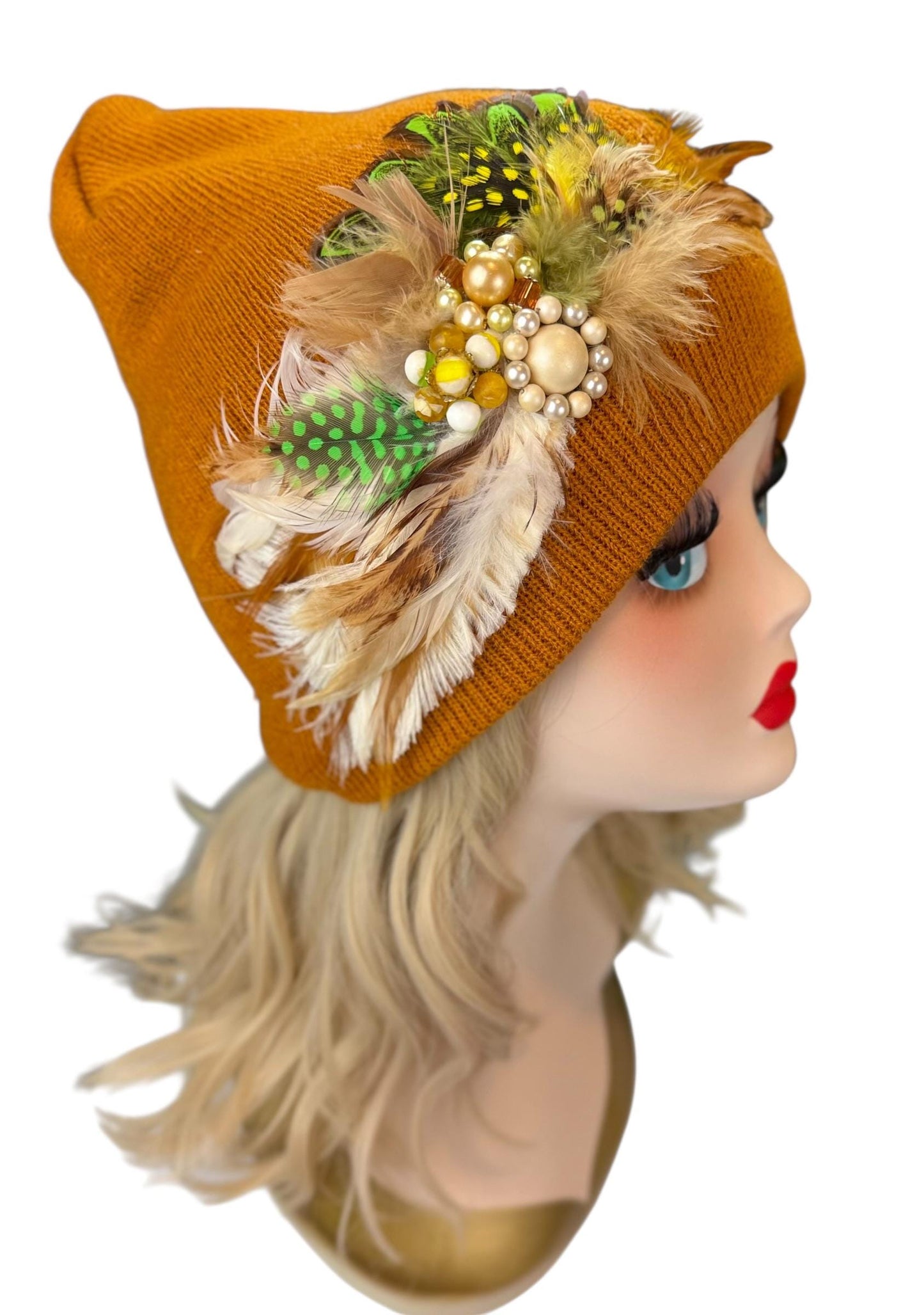 Caramel Goddess Embellished Feathered & Vintage Jeweled Knit Hat