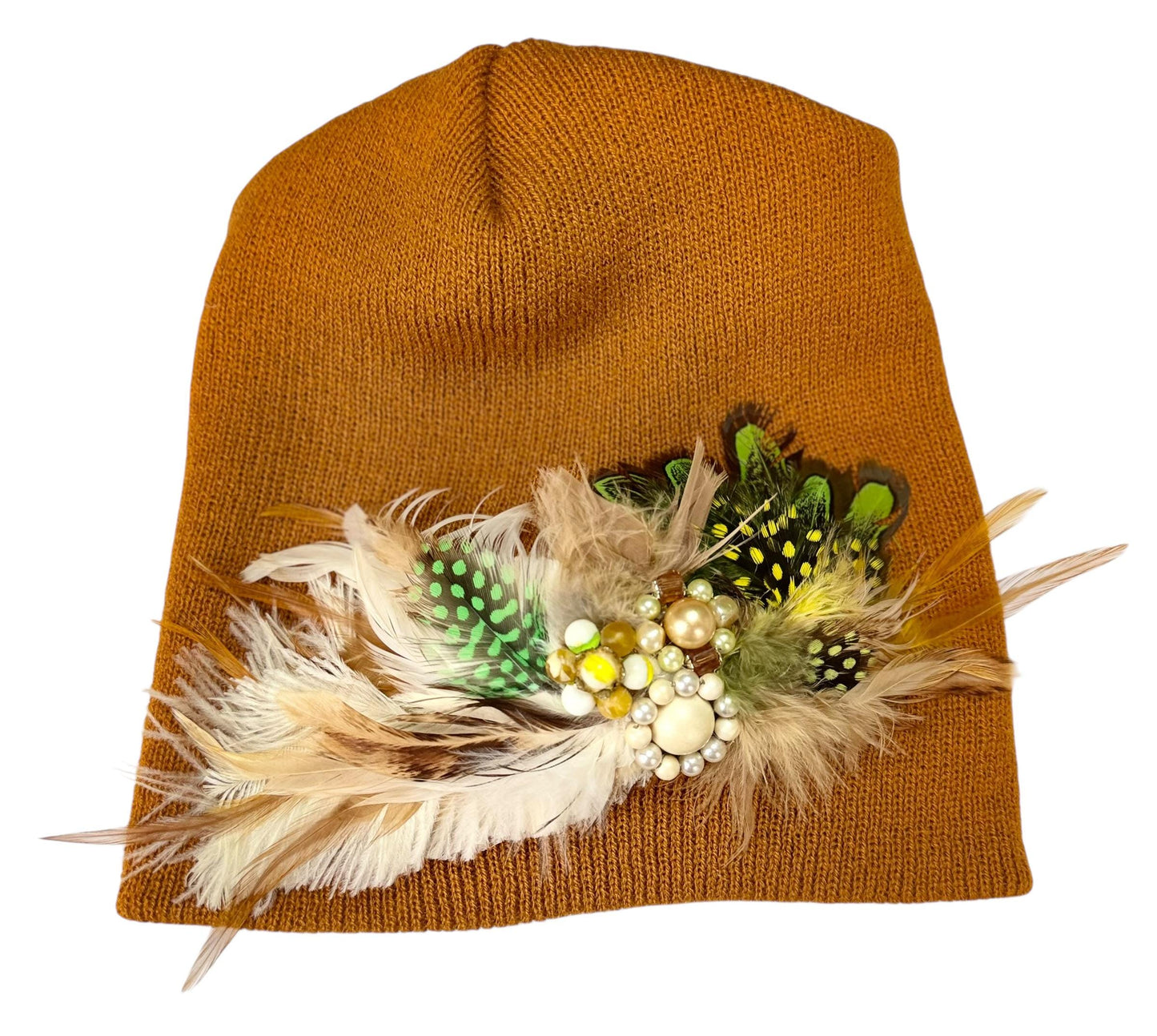 Caramel Goddess Embellished Feathered & Vintage Jeweled Knit Hat