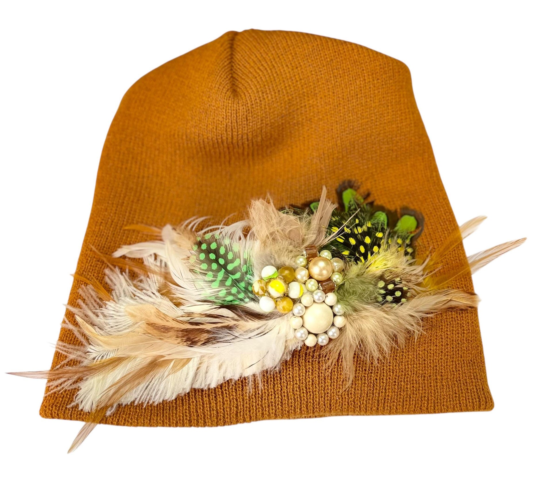 Caramel Goddess Embellished Feathered & Vintage Jeweled Knit Hat