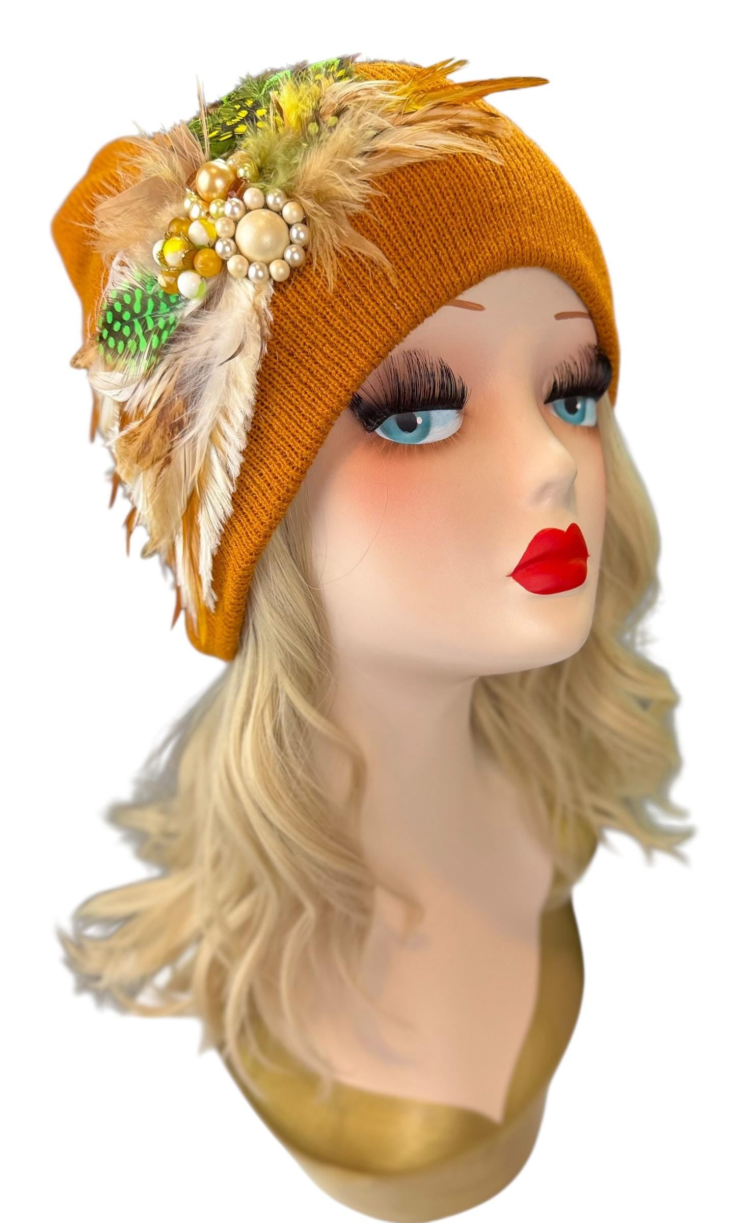 Caramel Goddess Embellished Feathered & Vintage Jeweled Knit Hat