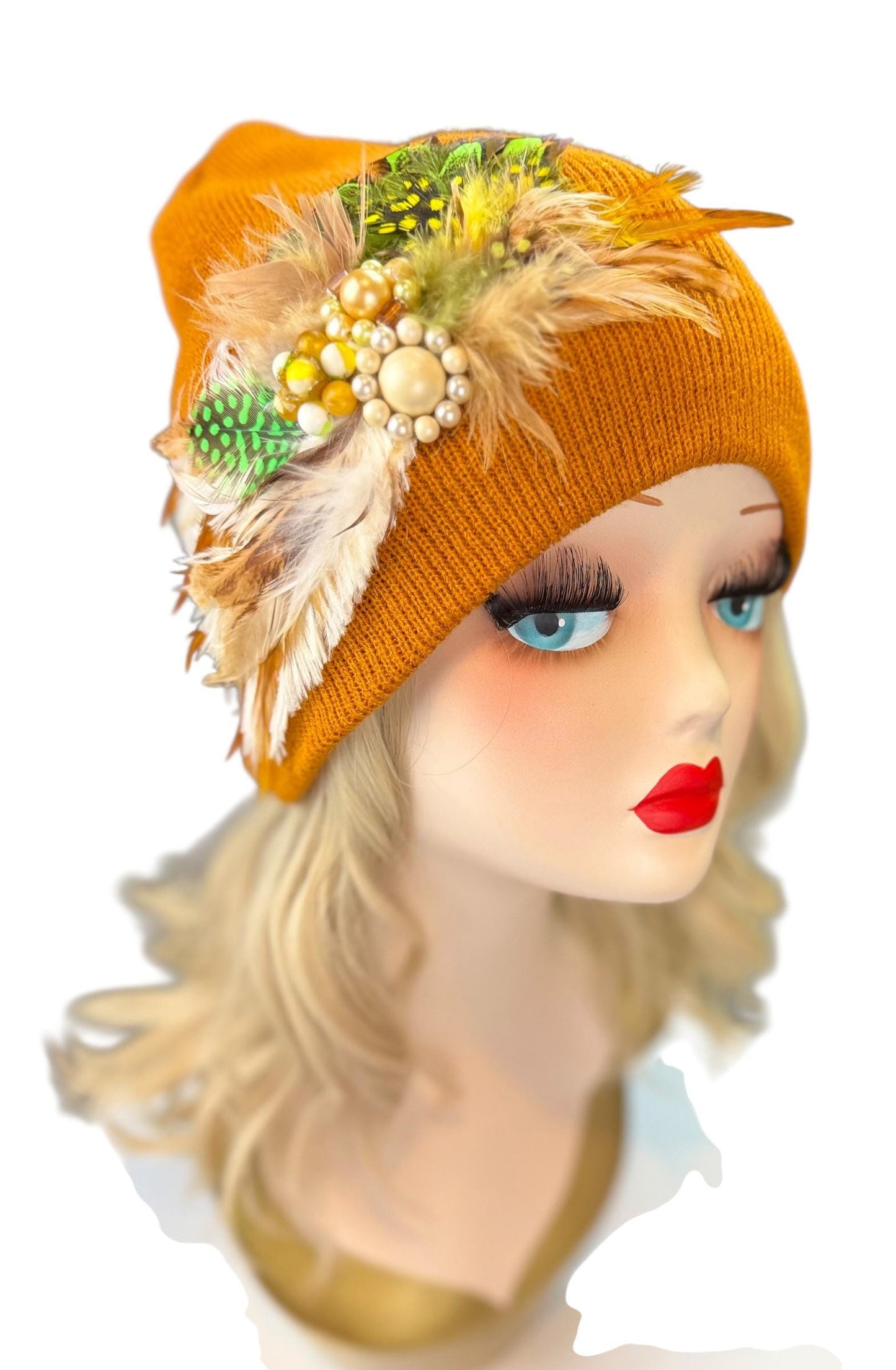 Caramel Goddess Embellished Feathered & Vintage Jeweled Knit Hat