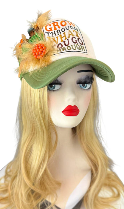 Inspirational Statement Message in Patchwork Embellished with Feathers & Jewels - Avant-Garde Fashionable Trucker Hat