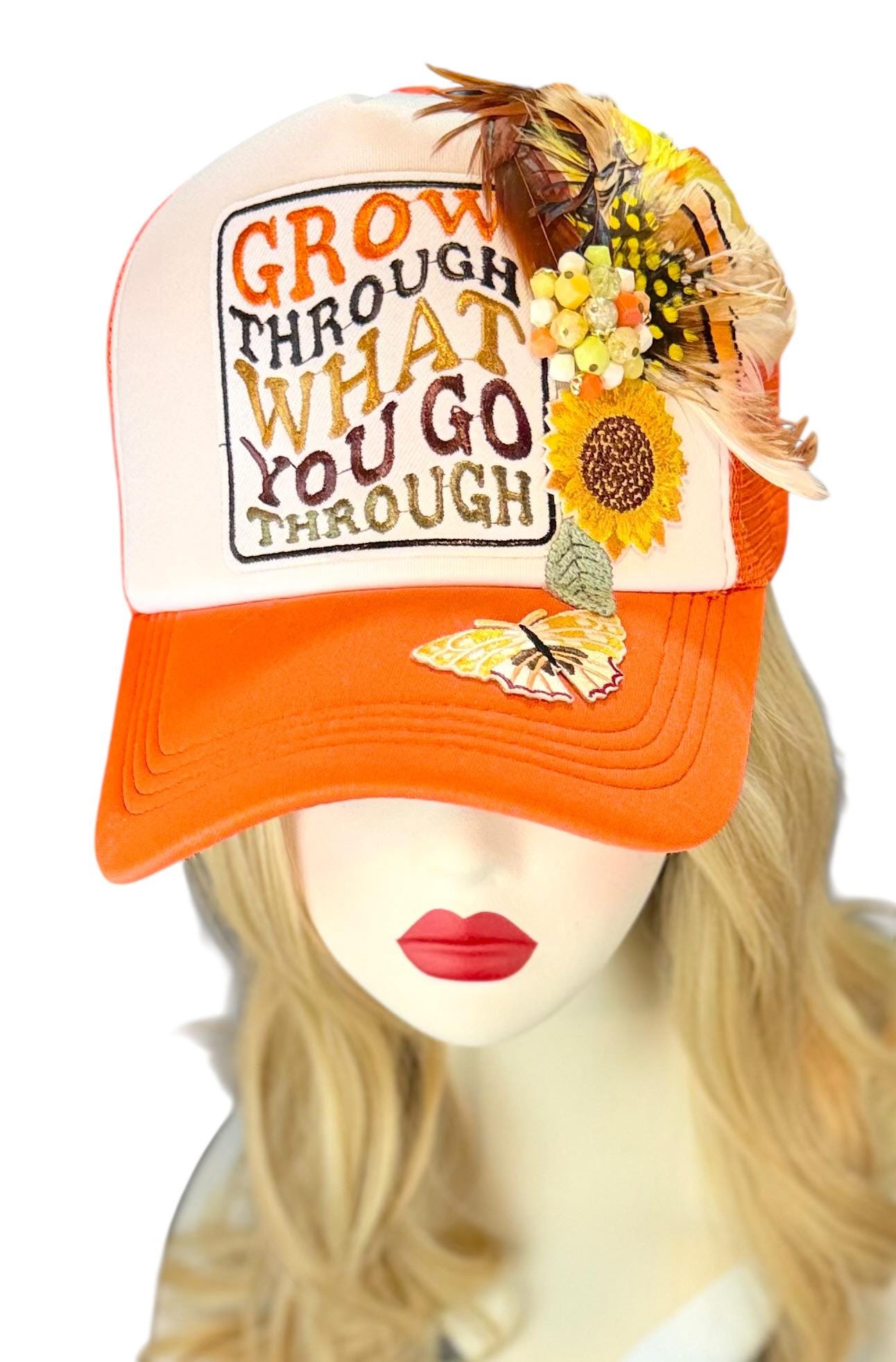 Inspirational Statement Message in Patchwork Embellished with Feathers & Jewels - Avant-Garde Fashionable Trucker Hat
