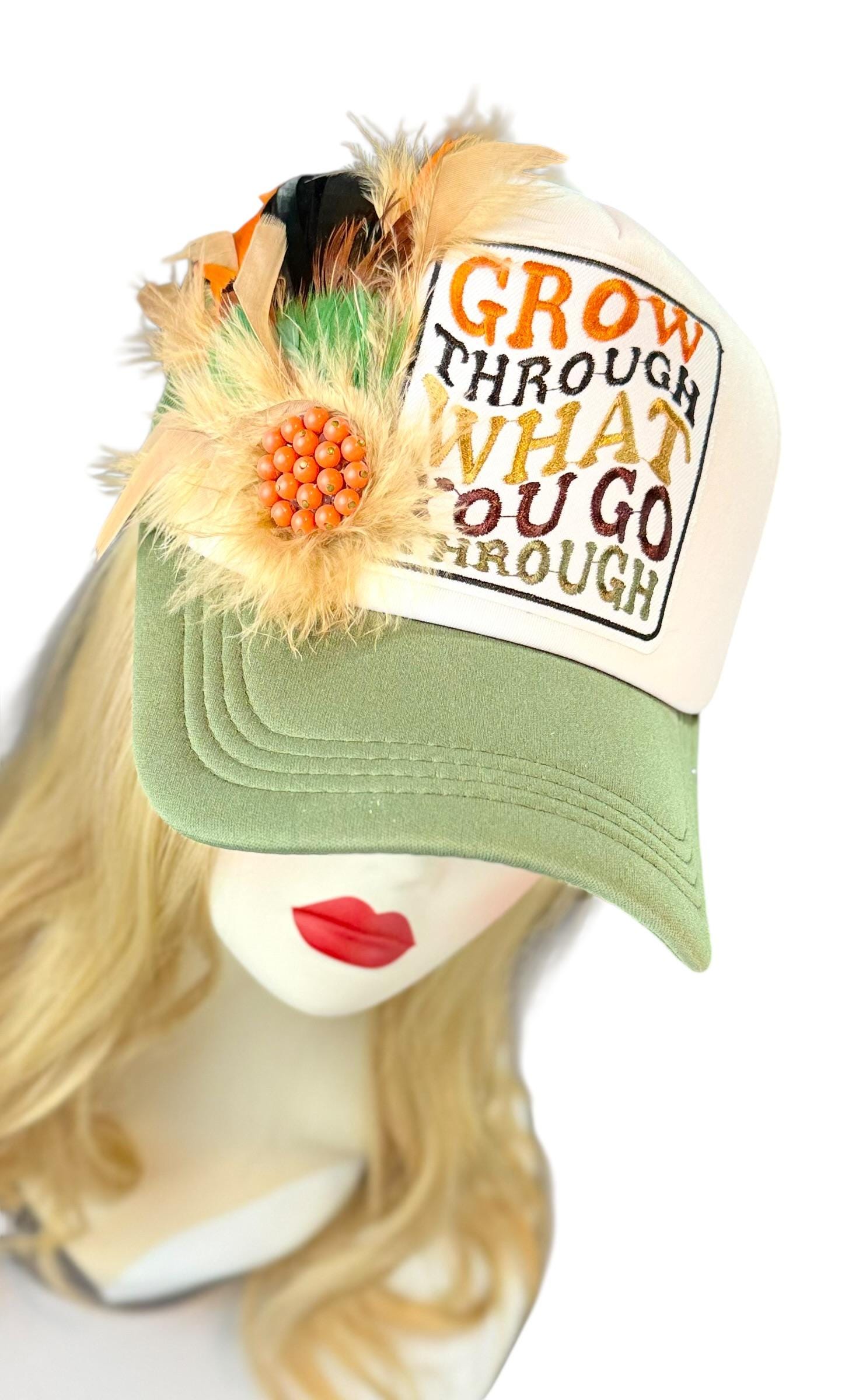 Inspirational Statement Message in Patchwork Embellished with Feathers & Jewels - Avant-Garde Fashionable Trucker Hat