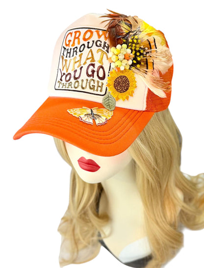 Inspirational Statement Message in Patchwork Embellished with Feathers & Jewels - Avant-Garde Fashionable Trucker Hat