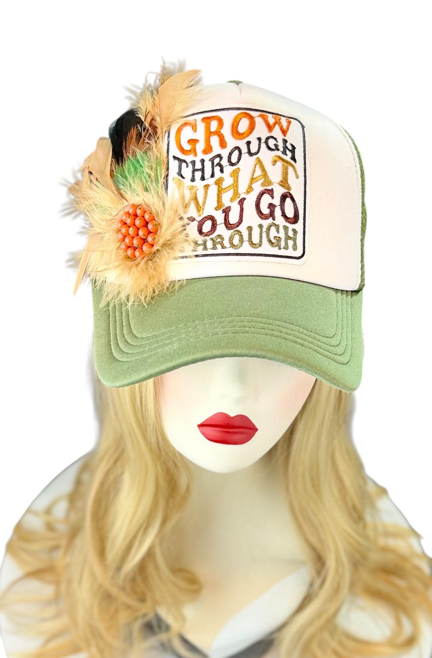 Inspirational Statement Message in Patchwork Embellished with Feathers & Jewels - Avant-Garde Fashionable Trucker Hat