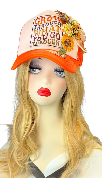 Inspirational Statement Message in Patchwork Embellished with Feathers & Jewels - Avant-Garde Fashionable Trucker Hat