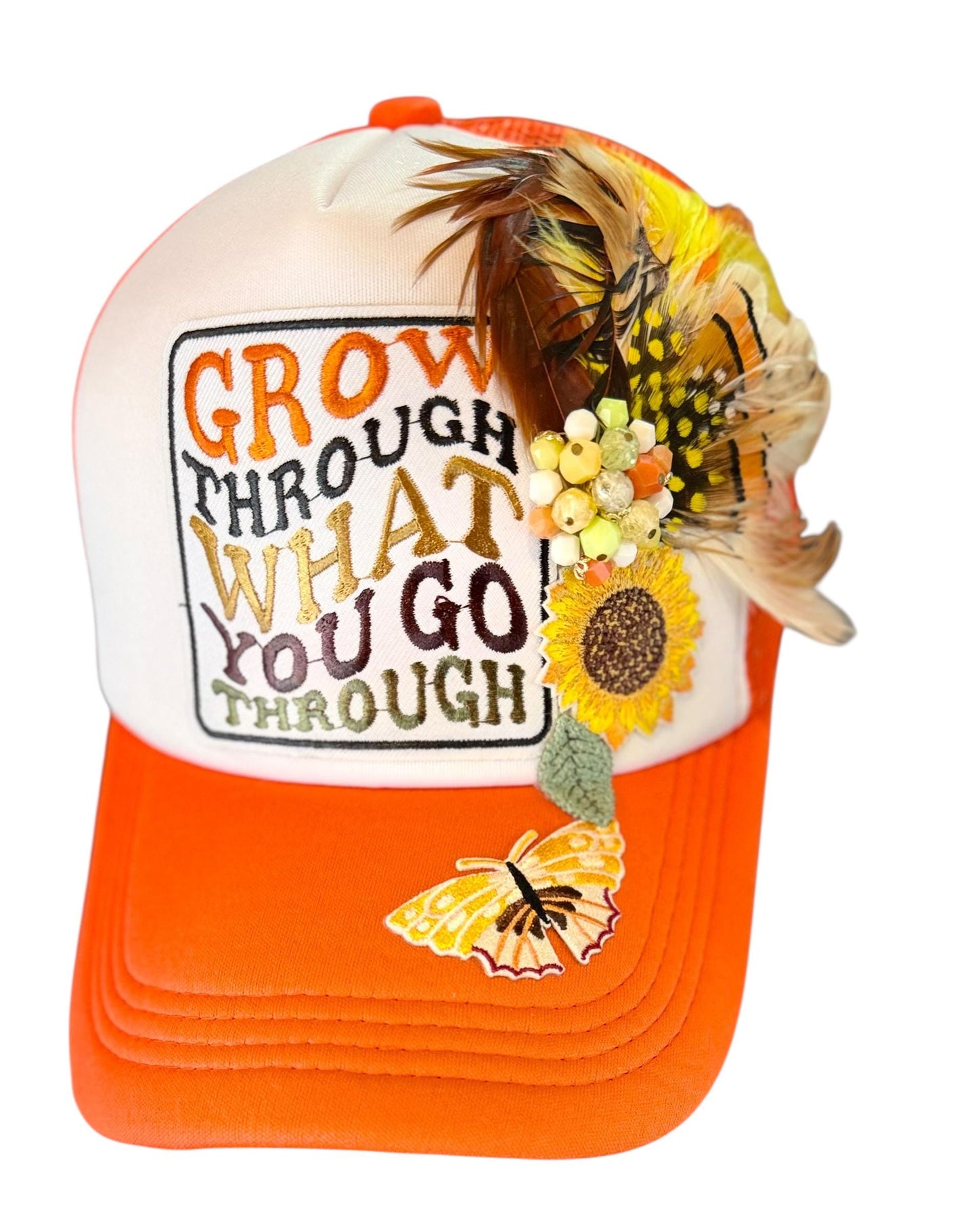 Inspirational Statement Message in Patchwork Embellished with Feathers & Jewels - Avant-Garde Fashionable Trucker Hat