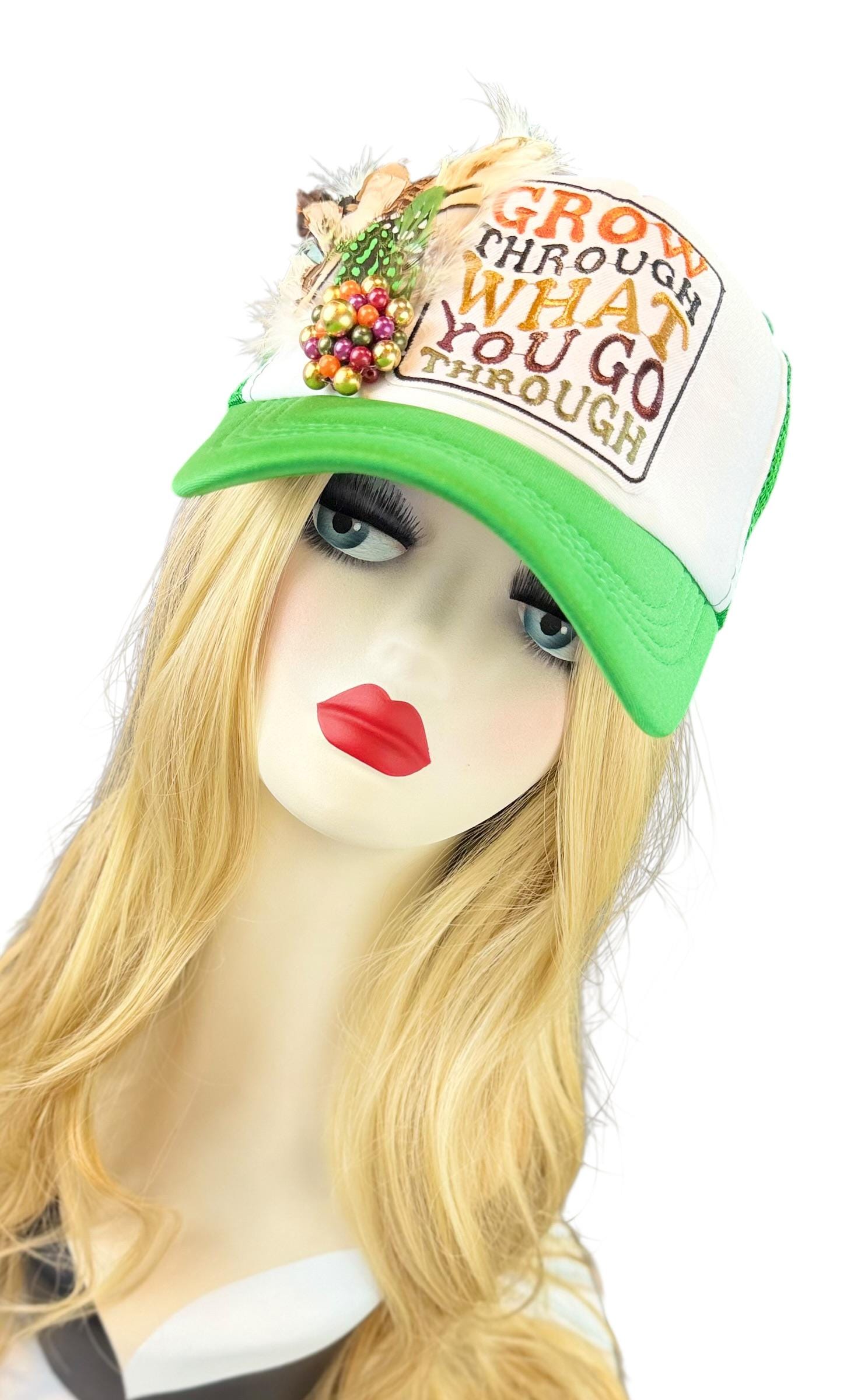 Inspirational Statement Message in Patchwork Embellished with Feathers & Jewels - Avant-Garde Fashionable Trucker Hat