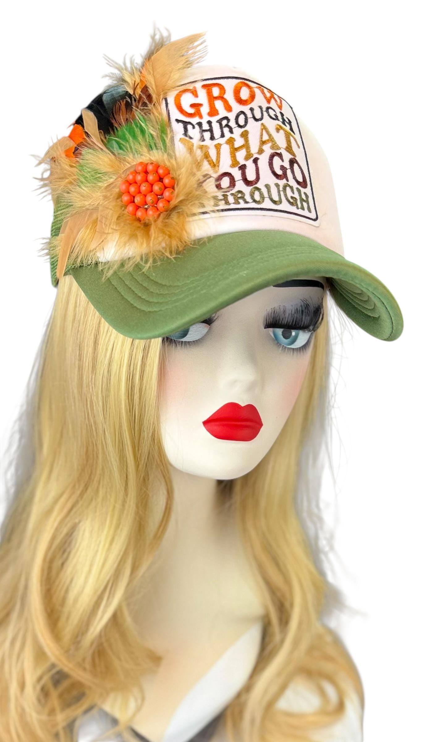 Inspirational Statement Message in Patchwork Embellished with Feathers & Jewels - Avant-Garde Fashionable Trucker Hat