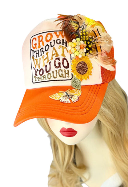 Inspirational Statement Message in Patchwork Embellished with Feathers & Jewels - Avant-Garde Fashionable Trucker Hat