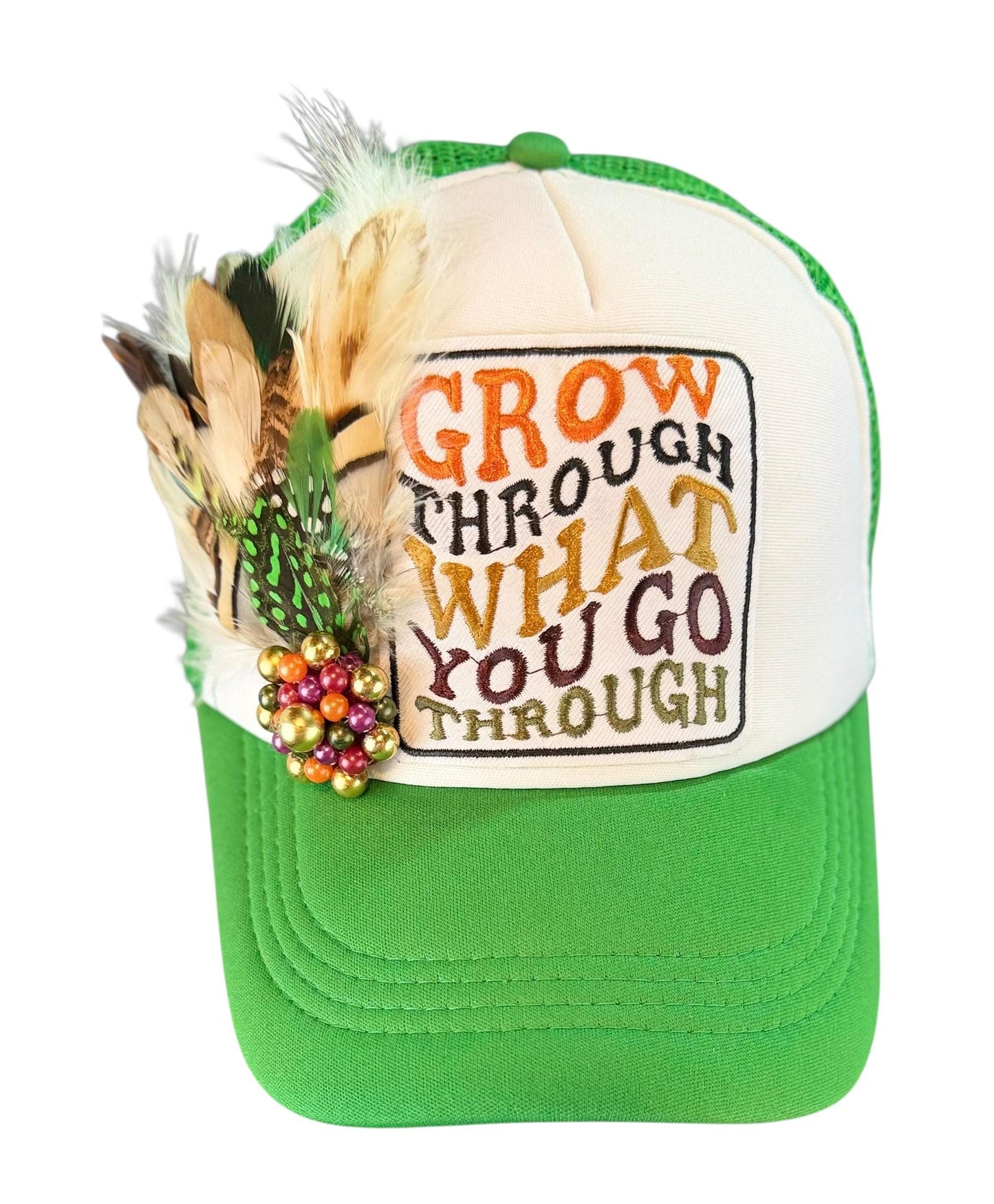Inspirational Statement Message in Patchwork Embellished with Feathers & Jewels - Avant-Garde Fashionable Trucker Hat